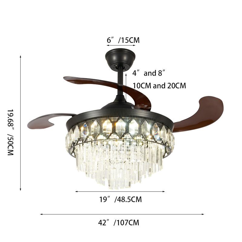 42-inch Black Crystal Ceiling Fan Light, Remote Control, Three-tone Lighting, K9 Crystal Lampshade