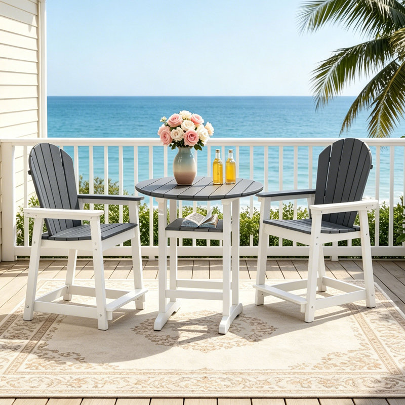 3-Piece Patio Bar Set, Outdoor HDPE Adirondack Chairs With Table, White/Black