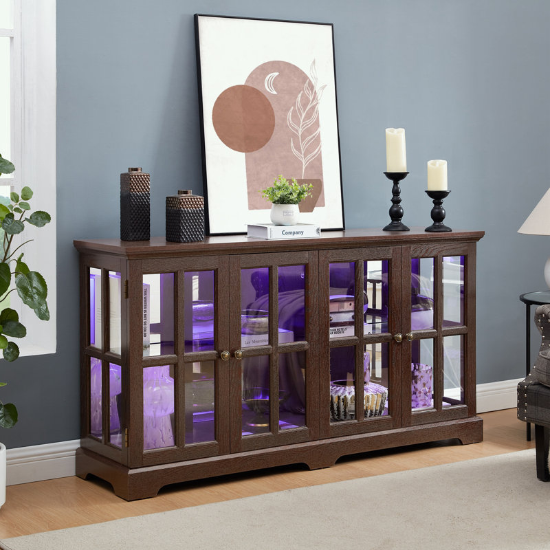 LED light TV Stand with Glass Doors and Adjustable Shelves, Cherry