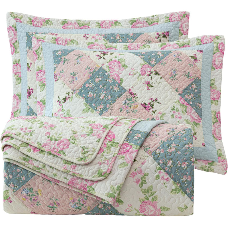 Gayle Pre-Washed Floral Patchwork Cotton Quilt Set, 3, Queen