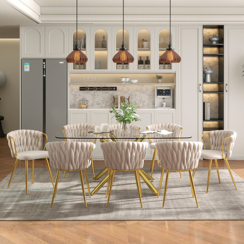 Elegant 71" Modern Retro Dining Table Set For 4-8, Rectangular Glass Top Dining Table With Stainless Steel Base & Velvet Arm Chairs, Multi-Purpose Kitchen Dining Room Furniture For Gathering, Living Room, Restaurant