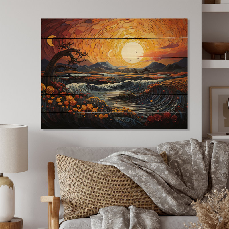 Coucher de soleil peint quamaine, pointillisme sur bois, H 24 po x l 32 po x P 0,78 po