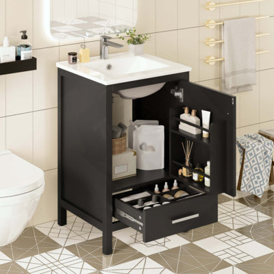 Meuble-lavabo moderne avec lavabo en céramique, tiroir et porte à fermeture en douceur, organisateur de porte à double couche, tiroir de séparation, patins réglables - conception de rangement peu encombrante