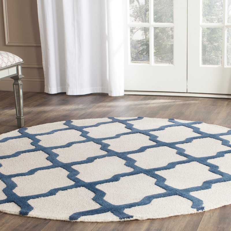Cannen Hand Tufted Wool Geometric Rug, Round 6', Ivory/Navy Blue