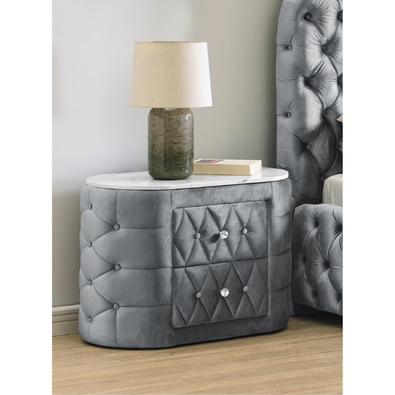 Contemporary 2 Nightstand - Gray Finish, Faux Marble Top, Button Design With Top And Storage, Gray/White