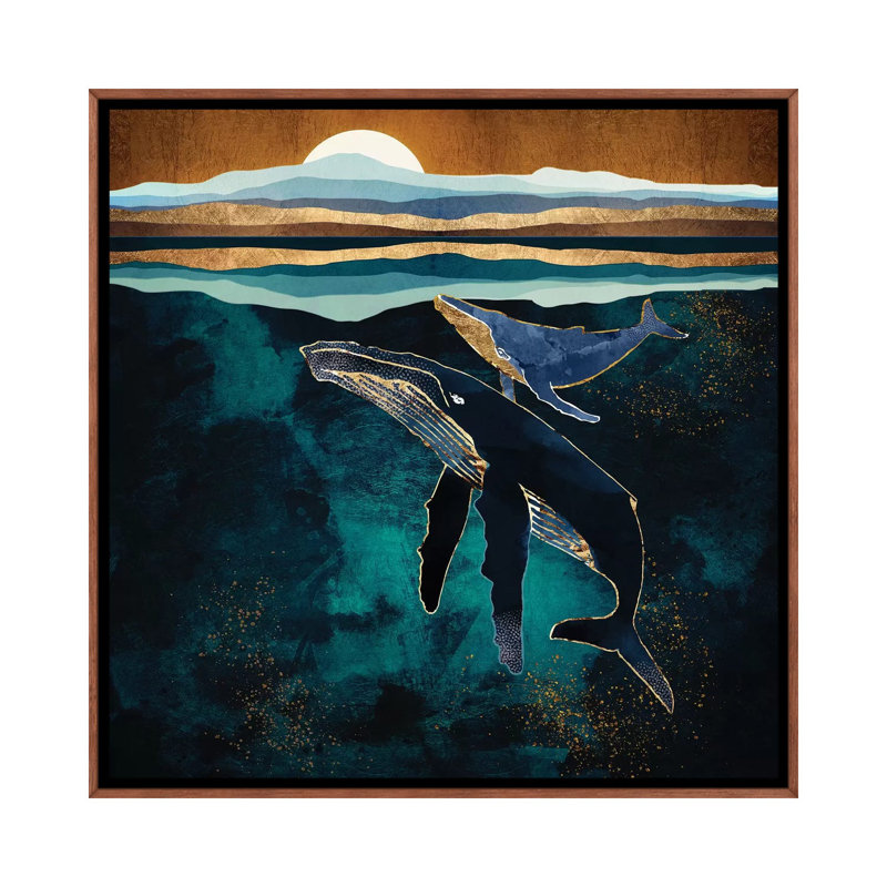 Moonlit Whales - impression d'art graphique, Aucun mat, H 18 po x l 18 po x 1,5 po, Toile classique avec cadre brun