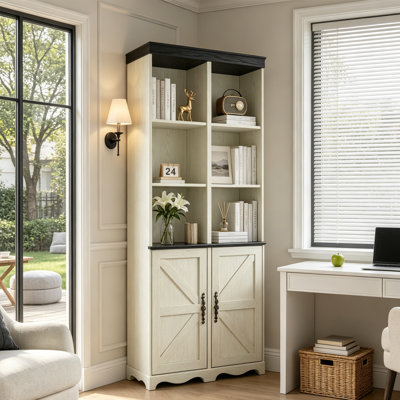 Bibliothèque à 5 niveaux avec armoire Phipps, bibliothèque de style campagnard avec portes de rangement, pour bureau à domicile, salon (ensemble de 2)