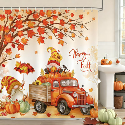 Rideau de douche 72 x 72 pouces Halloween - Gnome mignon et feuille d'érable / citrouille, rideau de bain imperméable en polyester avec 12 crochets pour le décor de la salle de bain