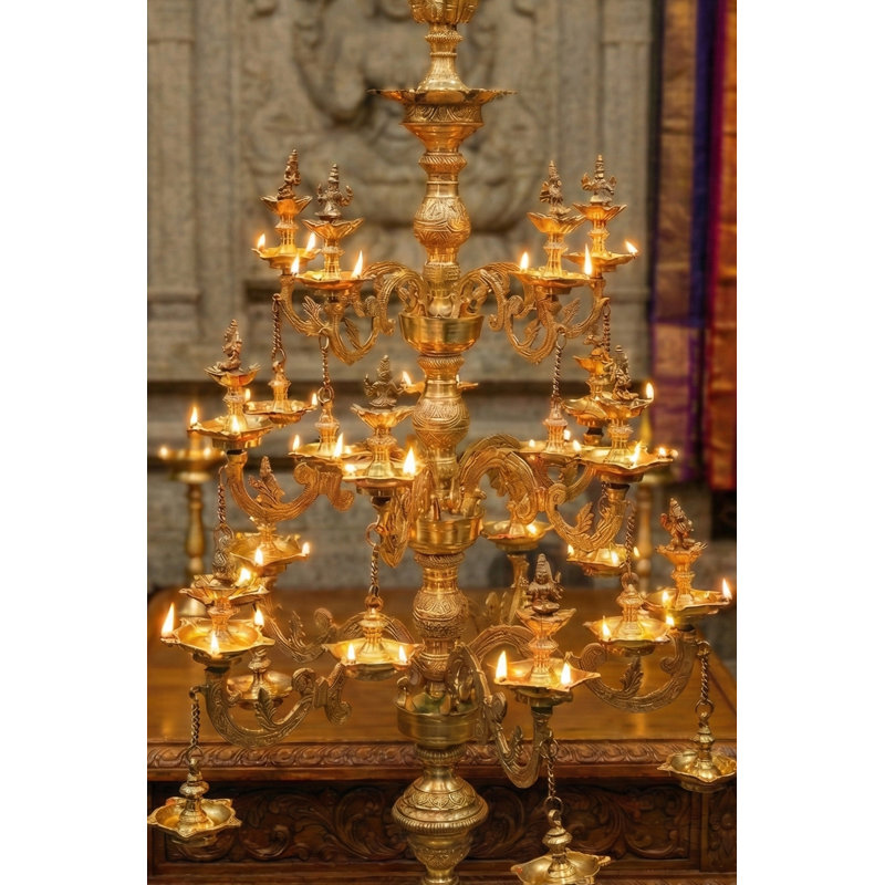 57" Profusion-of-Lakshmi Lamp in Brass – Handmade Indian Ritual Diya & Large Temple/Garden Statement Décor