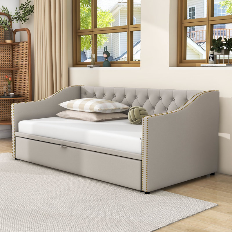 Twin Wood Upholstered daybed with Twin Trundle, Gray