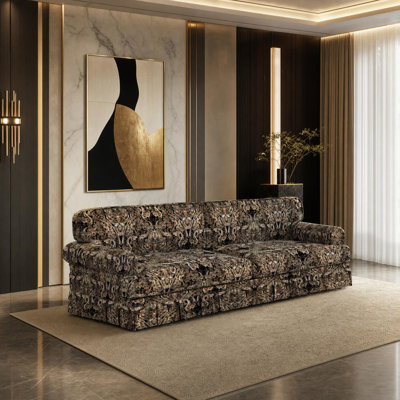 Oxford Fabric Sofa with Rolled Arms and Pleated Skirt