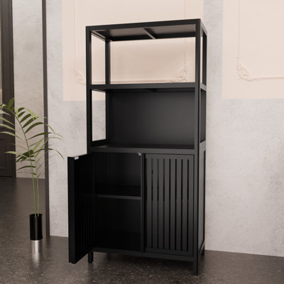 Armoire de plancher de salle de bain séparée noire, organisateur à 2 portes pour les espaces de vie, avec étagère à niveaux, plateau de table large et étagère de rangement magnétique pour capture naturelle, entrée de l'unité, tablettes intérieures ouvertes,