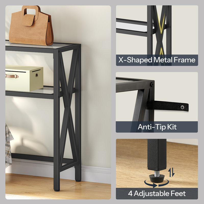 39.4" Glass Console Table with 2 Open Storage Shelves and X-Shaped Frame, Black