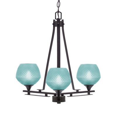 Uptowne 3 Light Uplight Chandelier Shown In Dark Granite Finish With 6" Turquoise Textured Glass