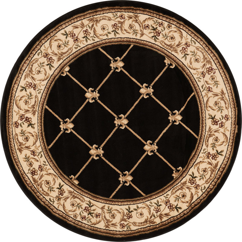 Tapis noir/ivoire tissé à la machine Pickett, Rond 7 pi 10 po