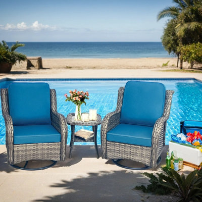 3-Piece Outdoor Wicker Swivel Glider Chair Set with Side Table, Blue & Gray