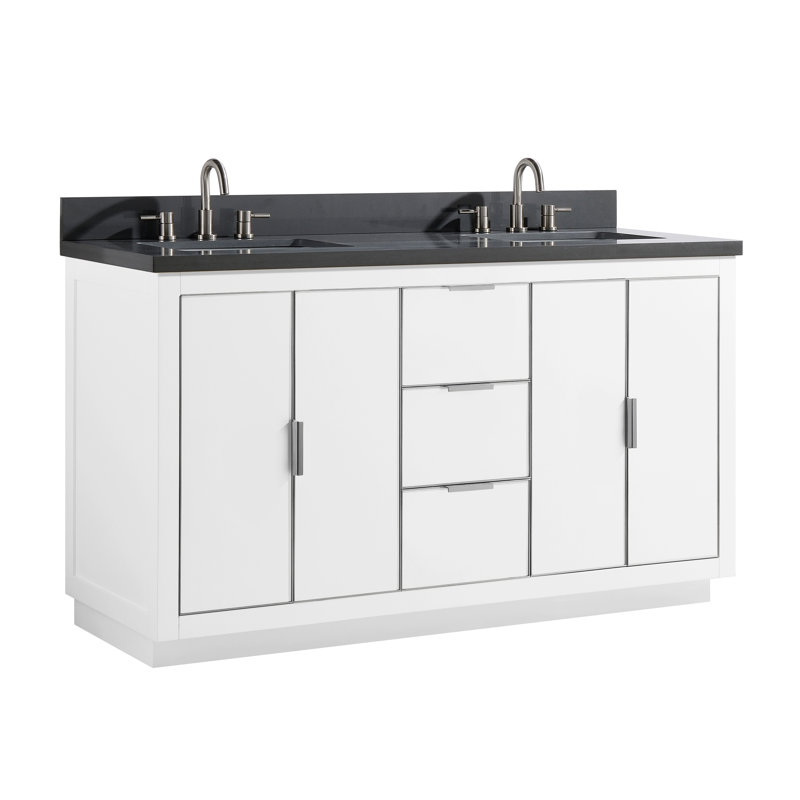 Meuble-lavabo double 61 po Salise, Quartz gris / argent, Blanc
