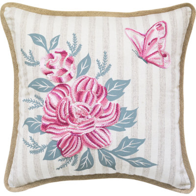 Coussin 17 "x 17" floral brodé et papillon rose avec toile de jute
