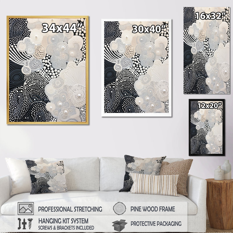 «Gray Abstract Corals II», reproduction sur toile, Cadre flottant blanc, H 32 po x l 16 po x P 1 po