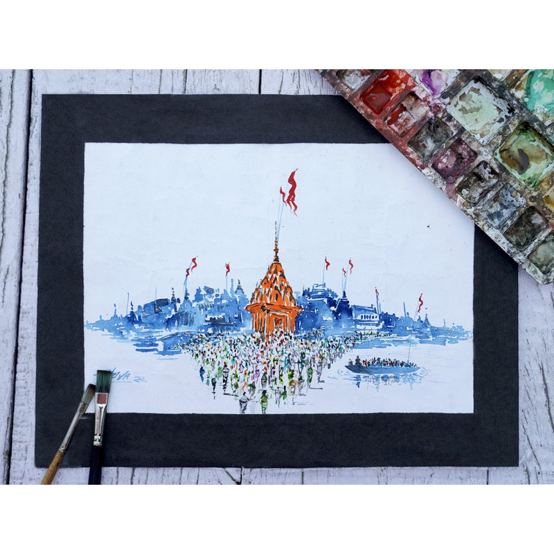 Le matin à Banaras Ghat | Aquarelle sur papier | Peinture de Shiva Pandey
