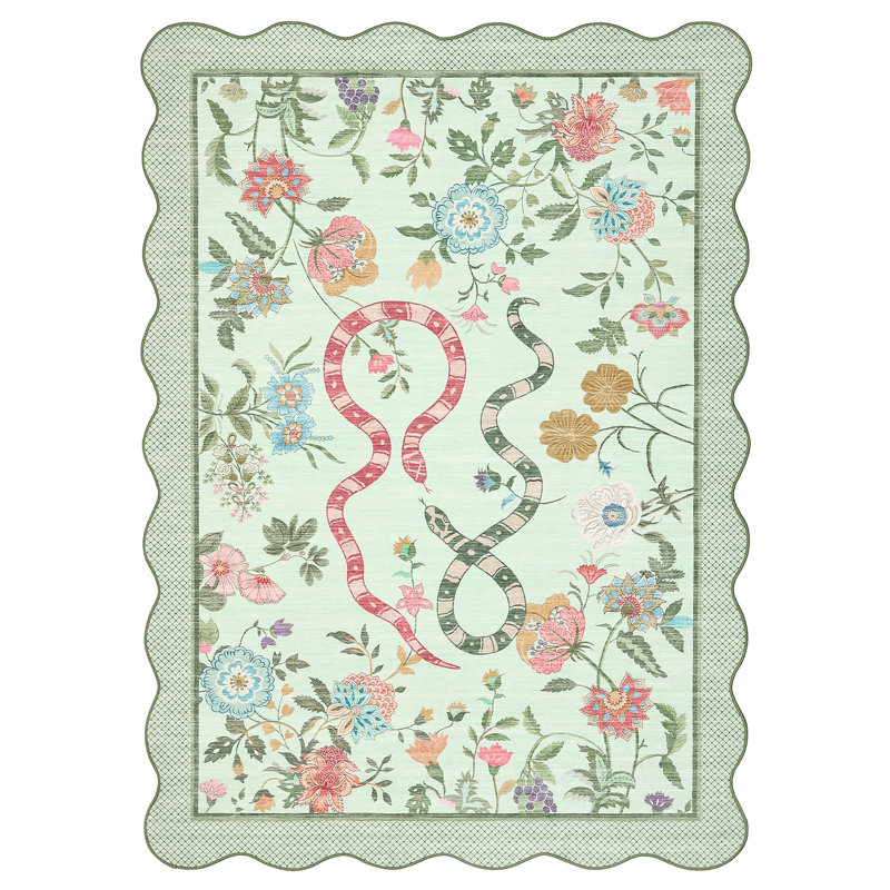 Farmhouse Floral Rug Washable Rug Non Slip Modern Scalloped Carpet, Soft Non Shedding Indoor Carpet, Low Pile Thin Foldable Printed Mat