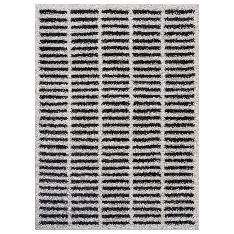 Bohemian Stripe Lines Shag Rug – White – Medium Pile, Textured Look, Easy To Clean