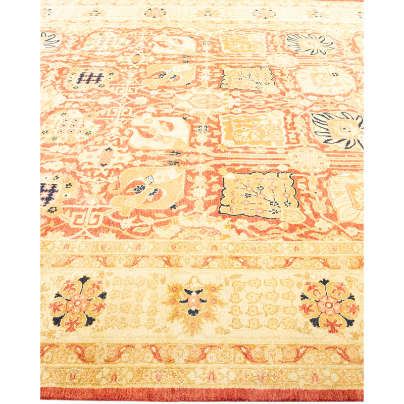 Tapis unique ivoire / sable / rouge noué à la main Sandhu 8 pi 2 po x 9 pi 9 po