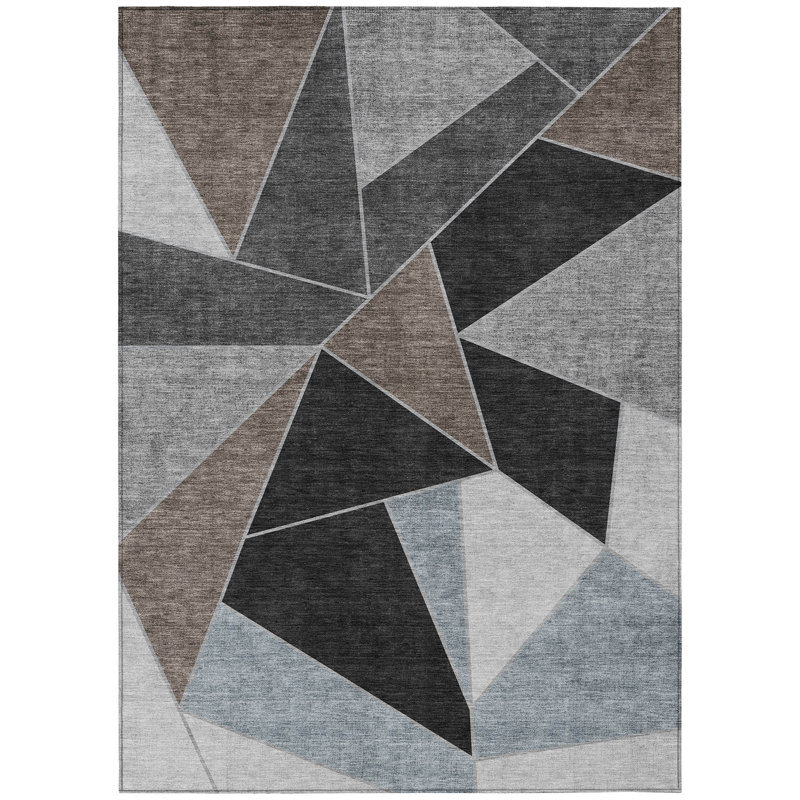 3' X 5' Chocolate Gray And Charcoal Geometric Washable Indoor Outdoor Area Rug