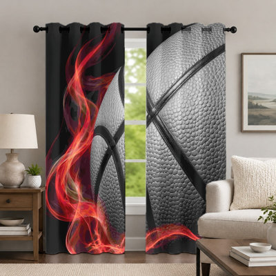 2Pcs Basketball and Flame Pattern Curtains, Sports Style Curtain, Energetic Fire Texture Printed Art Grommet Drapes, Window Treatment for Bedroom Living Room Decor