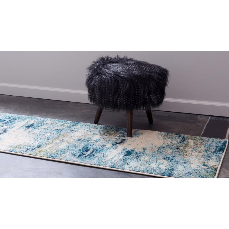 Tapis bleu clair tissé à la machine à motif abstrait Keimar, Tapis de couloir 2 pi 2 po x 6 pi 9 po