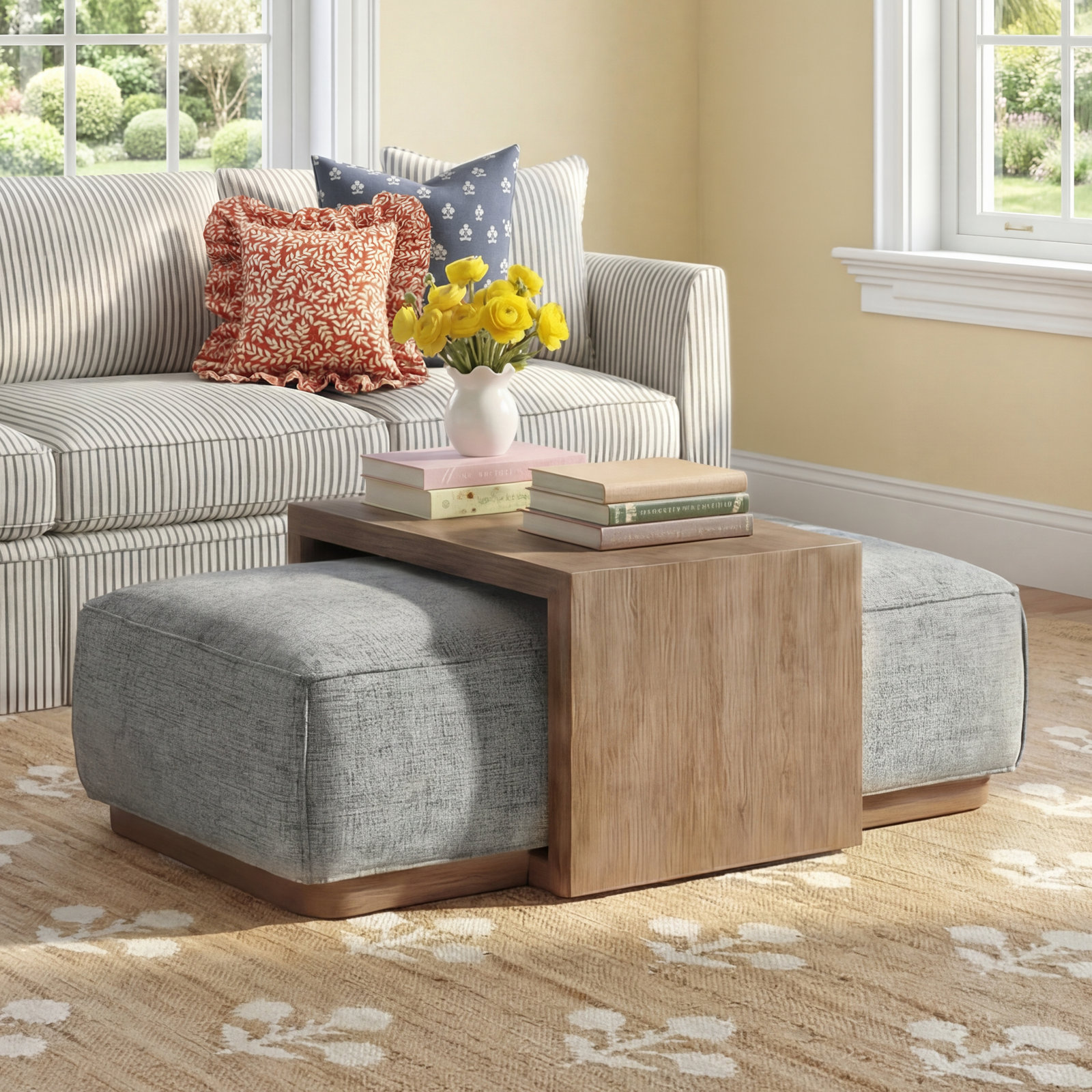 Marielle Upholstered Ottoman with Tray Table, Blue