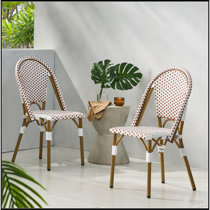 Ensemble de 2 chaises bistro d'extérieur en polyuréthane et aluminium pour l'extérieur, rouge rouillé et blanc, imprimé bambou