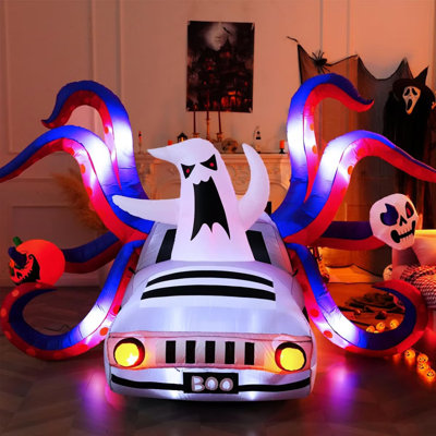 10FT Lang Halloween Inflatable Outdoor Decoration, Ghost Car With 8 Giant Octopus Tentacles, Glowing Pumpkin & Skeleton, Blow Up Lighted Deco
