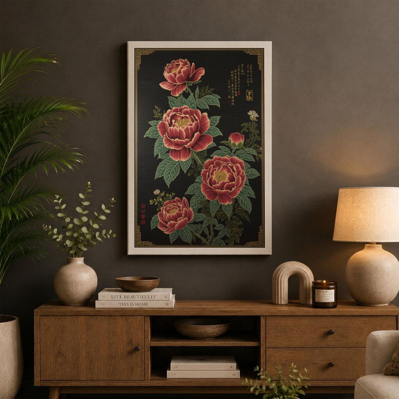 Coral Peonies in Bloom Botanical - Wrapped Canvas, 36x24 - 91.4 x 61.0 cm, Teal Border