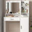 Bureau de coiffeuse avec miroir et lumière, commode de rangement à trois niveaux avec grand tiroir, 3 modes d'éclairage à luminosité réglable, coiffeuse de chambre à coucher