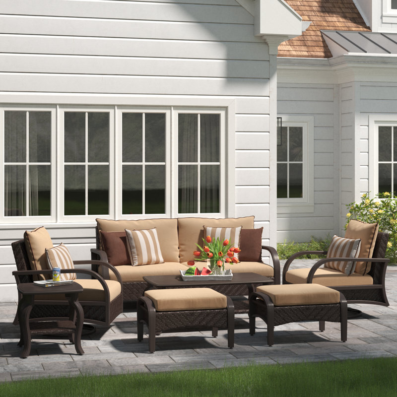 Kechia 7 Piece Sofa Seating Group With Sunbrella Cushion Covers, Canvas Heather Beige Sunbrella® Canvas