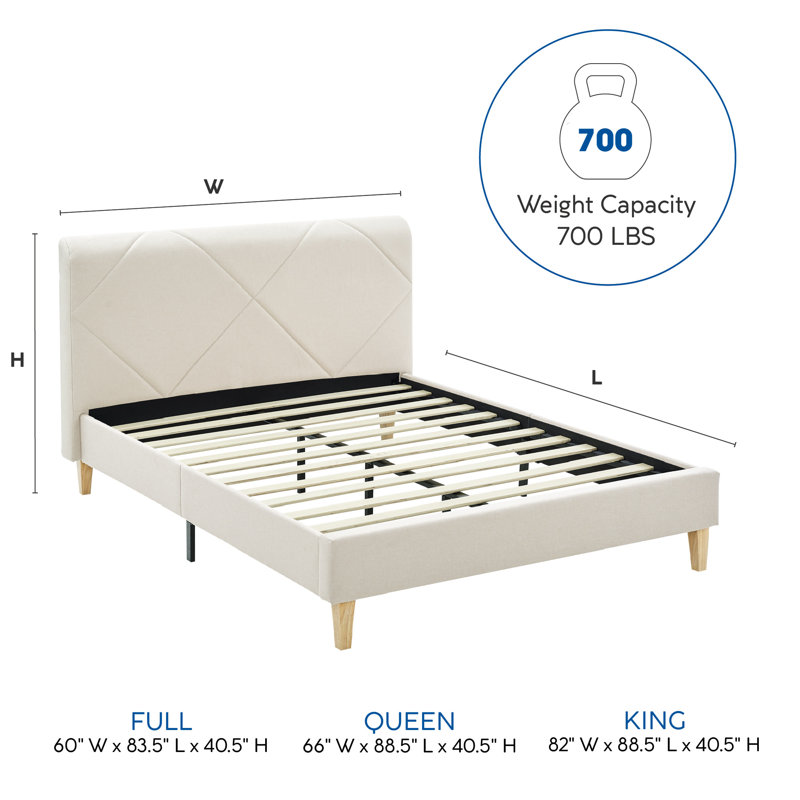 Lit plateforme tapissier à profil bas Lakeside, Beige, Très grand