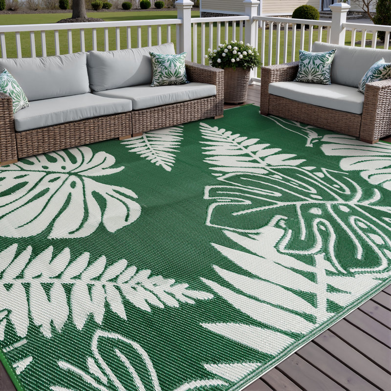 Ellie Reversible Green Leaf Outdoor Rug, Rectangle 9' x 12', Green