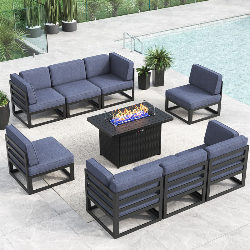 9 - Piece Outdoor Modular Sectional Set with Fire Table, Navy Blue