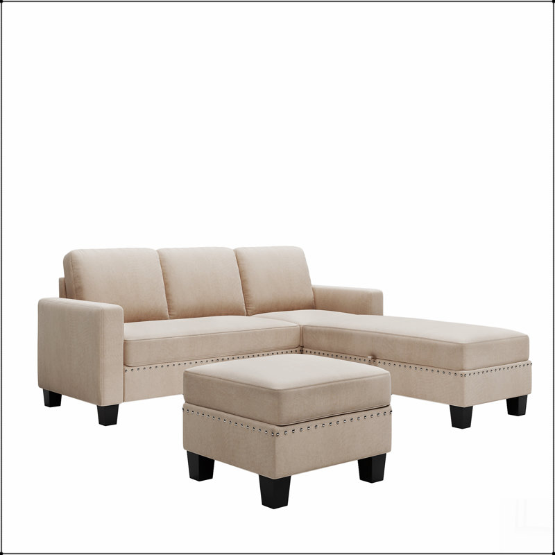 Canapé modulaire réversible en forme de L 81,1 * 76,3 * 35 po avec repose-pieds avec rangement, canapé modulaire avec méridienne, ensemble de canapés en tissu texturé à têtes cloutées 3 pièces