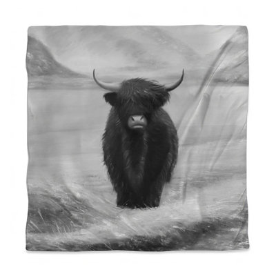 White Rustic Queen Duvet Cover - Monochrome Highland Cow Decor