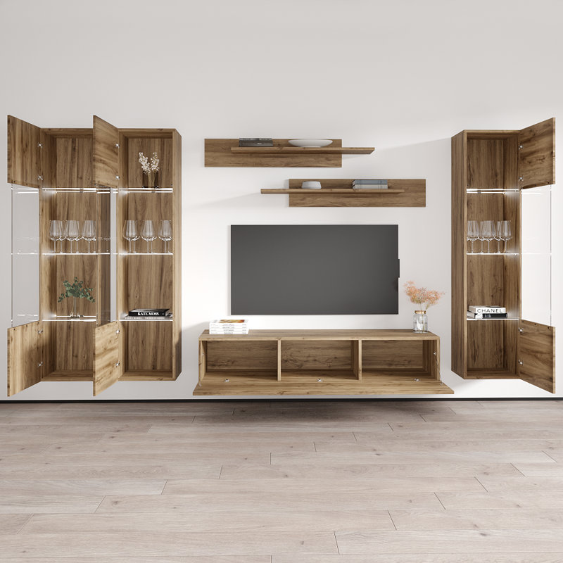 Narberth 120" Modern Floating Wall Mounted Entertainment Center with 16-Color LED Lighting, High Gloss Finish, Oak
