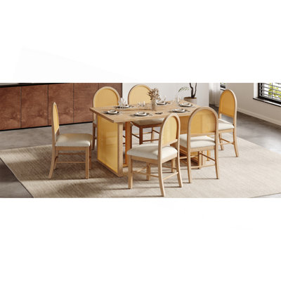 7-Piece Farmhouse Dining Table Set for 6 - 59.8" Rectangular Dining Table with Distressed Oak Veneer and 6 Rattan Chairs, Rustic Kitchen Furniture for