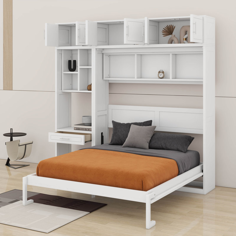 Grand lit escamotable mural avec bureau, armoire supérieure et tablettes, Grand , Blanc
