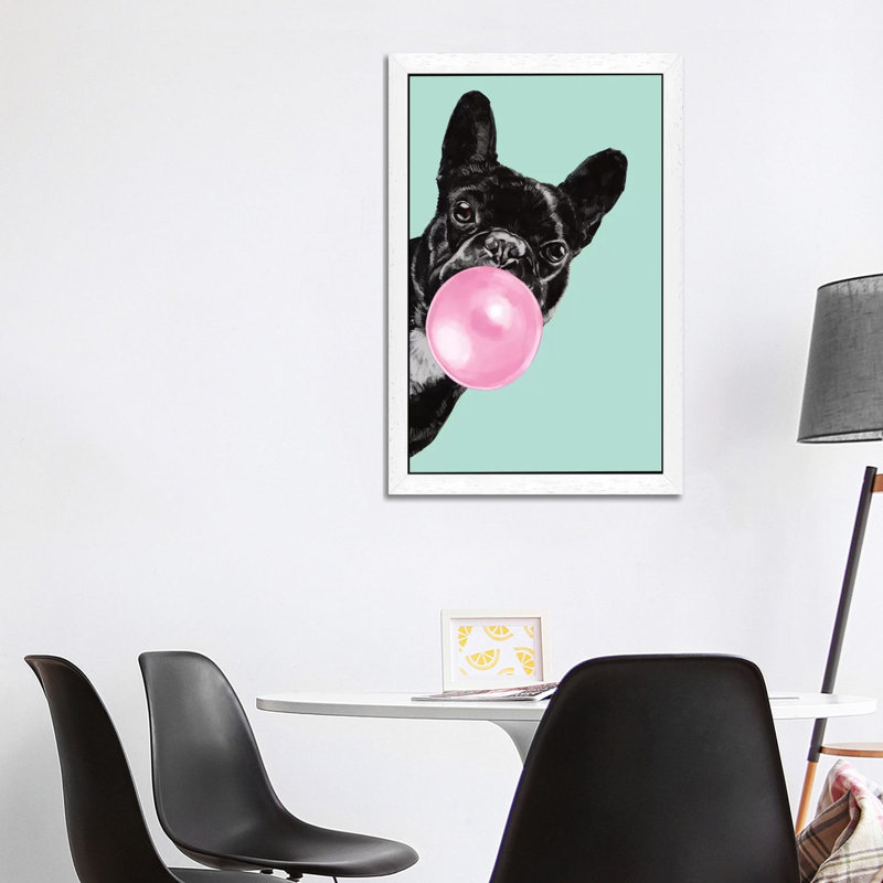 Sneaky Bulldog Blowing Bubble Gum by Big Nose Work - Print on Canvas, 152.5 cm H x 101.5 cm W, White Framed