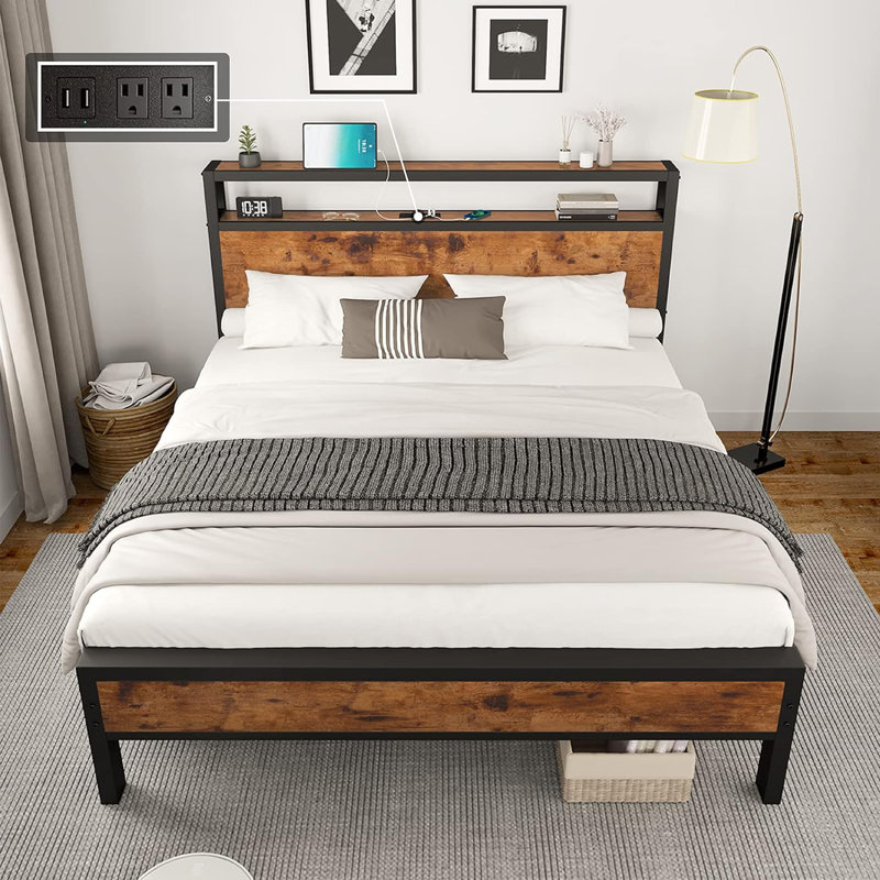 Lit plateforme industriel avec base de charge Tryston, Double, Brun foncé