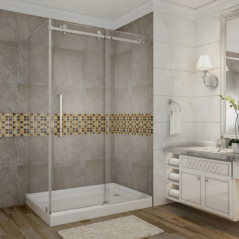 Cabine de douche rectangulaire coulissante avec base Moselle 44 "x 77,5", Chrome, Droite