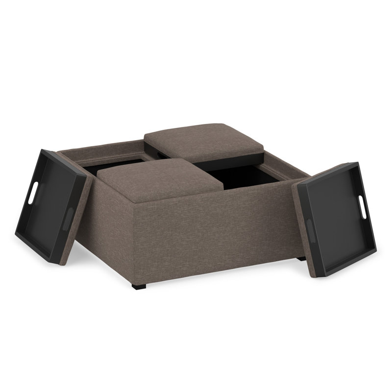 Repose-pieds de rangement pour table basse moderne en tissu d'aspect lin de 35 po avec 4 plateaux rabattables Avalon