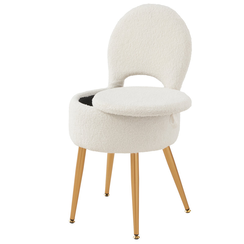 Tabouret de coiffeuse rembourré en polaire Teddy avec rangement et dossier pliant, Blanc