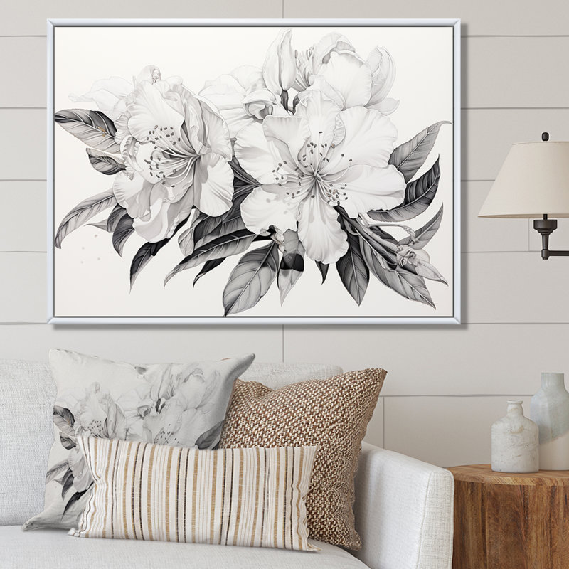Gris, rhododendron, pétale, poésie, zen III, Cadre flottant blanc, H 30 po x l 40 po x P 1,5 po